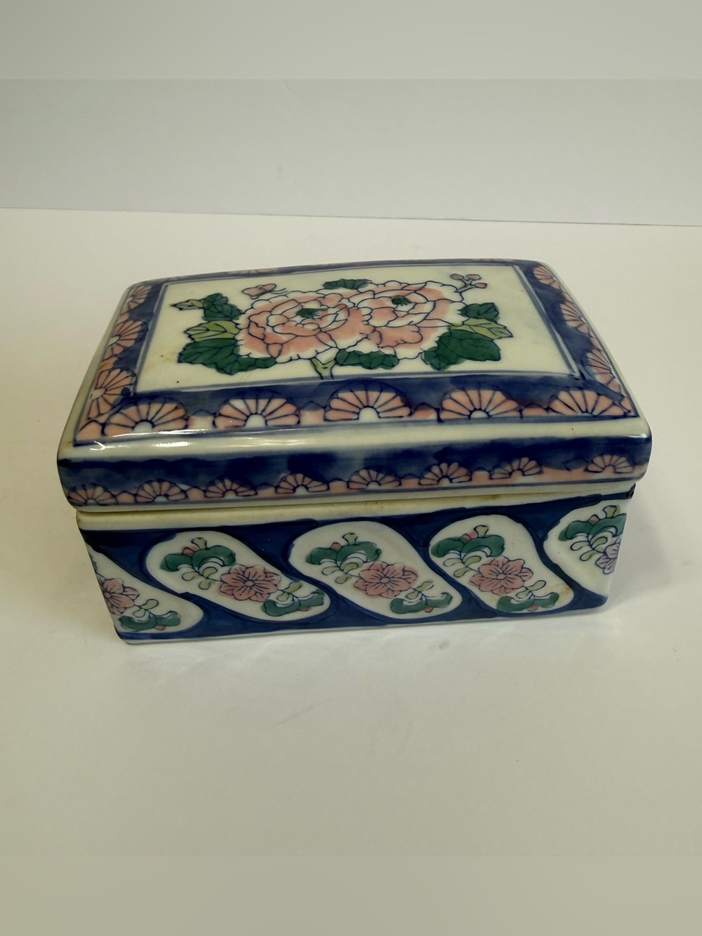 Vintage Hand Painted Chinoiserie Floral Porcelain Rectangular Trinket Box